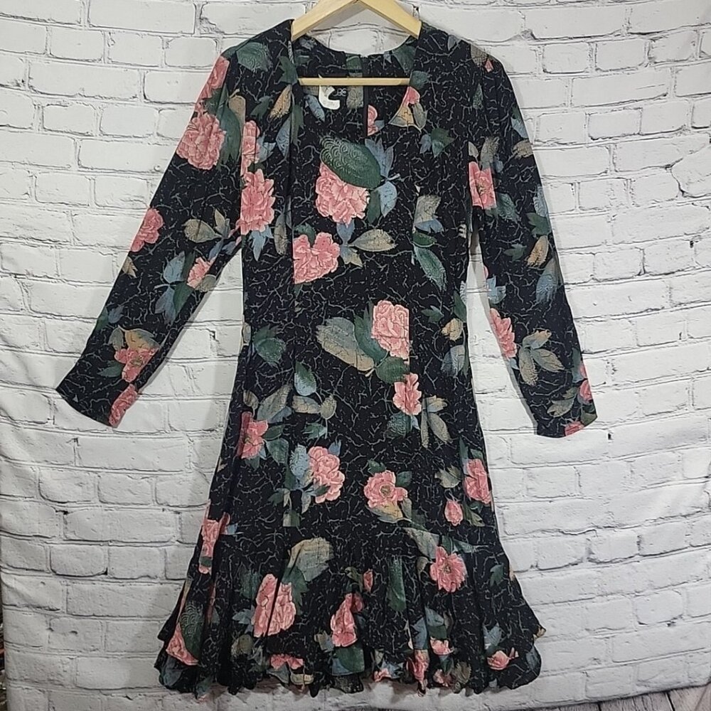 VTG 80s Phoebe Fairy Dress‎ Black Floral Long Sleeve Ruffle Whimsigoth Size 10
